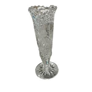 Vintage Hofbauer Byrdes Clear Crystal 8.5” Footed Bud Vase Sawtooth Rim Birds